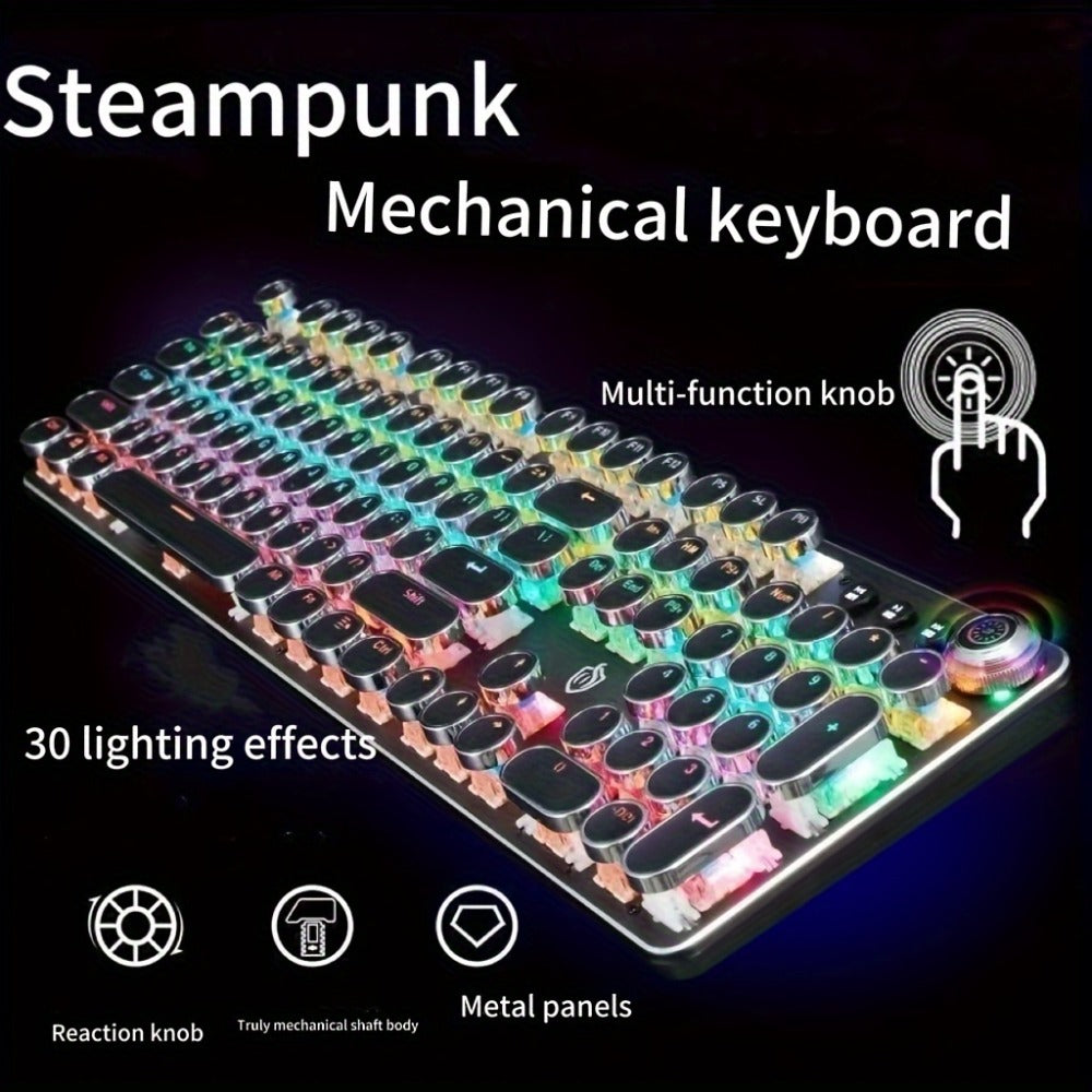 Typewriter Mechanical Keyboard with Green Switches – Retro Punk Style RGB Backlit Wired Gaming & Office Keyboard with Volume Knob, Compatible with PC Laptop Mac – Unique Gift for Her & Him