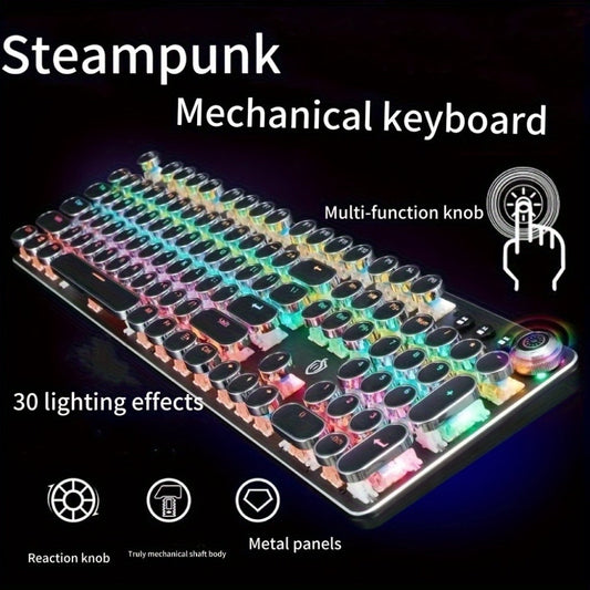 Typewriter Mechanical Keyboard with Green Switches – Retro Punk Style RGB Backlit Wired Gaming & Office Keyboard with Volume Knob, Compatible with PC Laptop Mac – Unique Gift for Her & Him