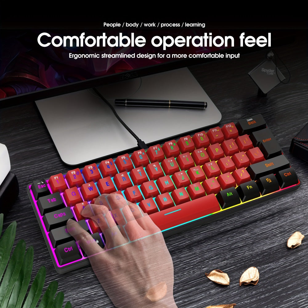 60% Mini Wired Gaming Keyboard SNPURDIRI RGB Backlit Ultra-Compact Film Keys – Space-Saving Tenkeyless Design for PC Gamers, Desktop & Laptop, Black Red Color Options