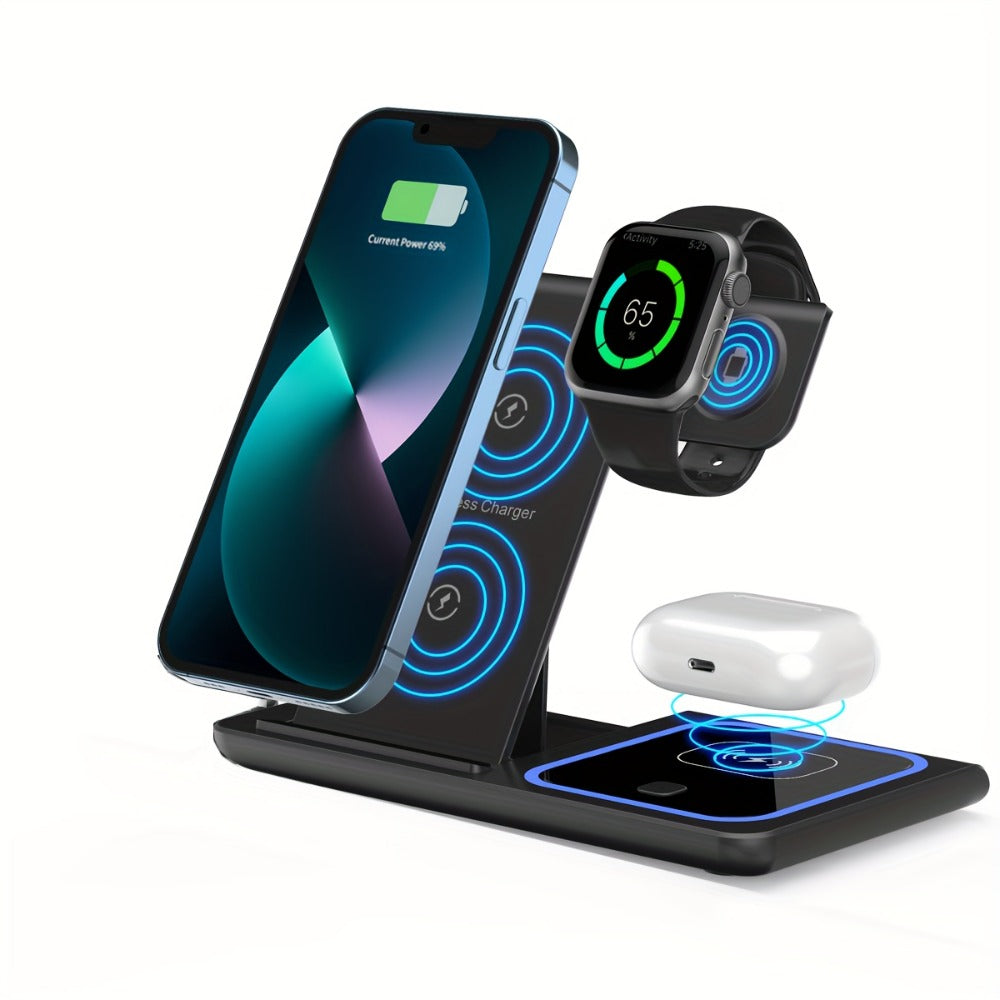 3-in-1 MagSafe Charging Station 15W – Fast Wireless Charger Stand for iPhone, Apple Watch & AirPods | Simultaneous Charging, White Black Pink