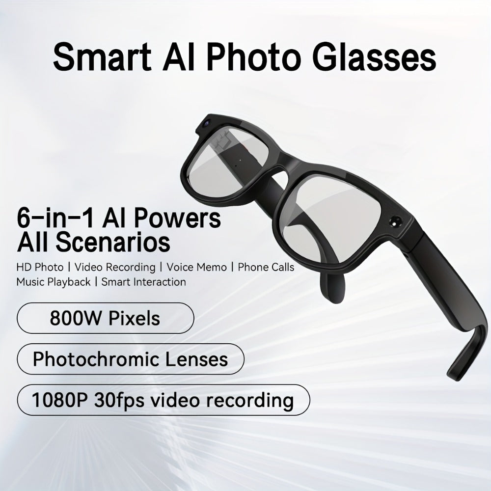 Smart Glasses with Camera 8MP Dual Lens 1080P HD – AI Auto Color Change, Air Conduction 360° Sound, Dual Mic, 290mAh Battery, 3 Lenses, Black & Transparent Frame