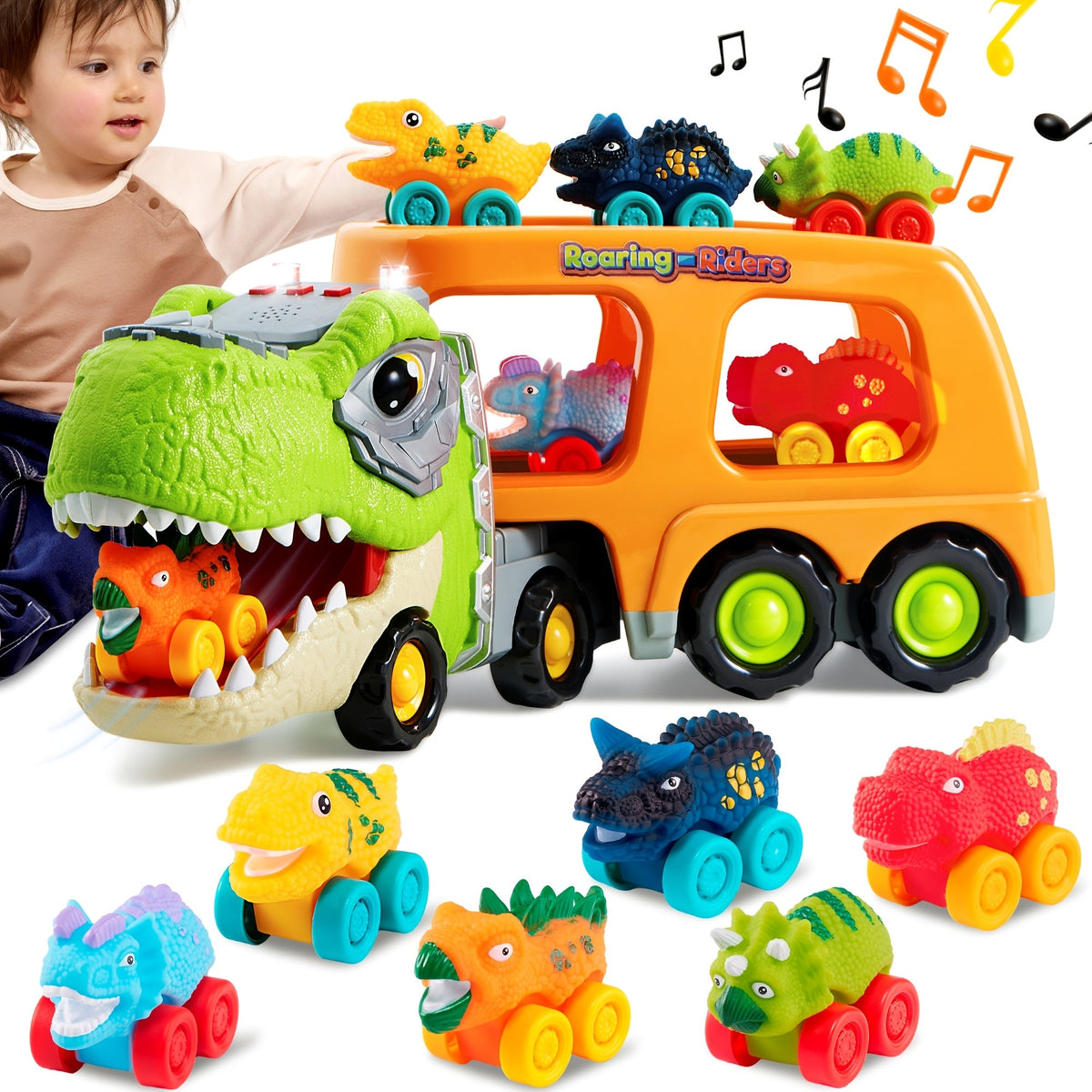 T-Rex Carrier Truck Toy – Dinosaur Transport Truck with 6 Mini Dino Cars, Ramp, Lights & Sound
