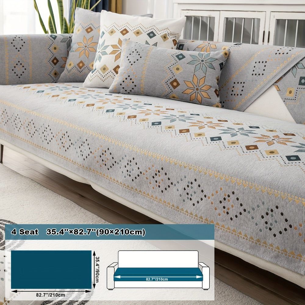 Bohemian Chenille Sofa Cover | Geometric Print Non-Slip Couch Slipcover, Thick Plush Boho Style, 1 to 4 Seat, Armrest & Backrest, Machine Washable, Sectional Sofa Protector