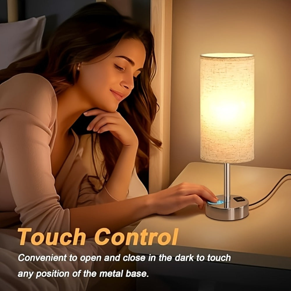 Bedside Table Lamp with USB-C Charging Port – 3-Way Dimmable Touch Lamp, Wood Base Round Burlap Shade, Small Nightstand Desk Light with AC Outlet & A19 LED Bulb Included for Bedroom Living Room Office