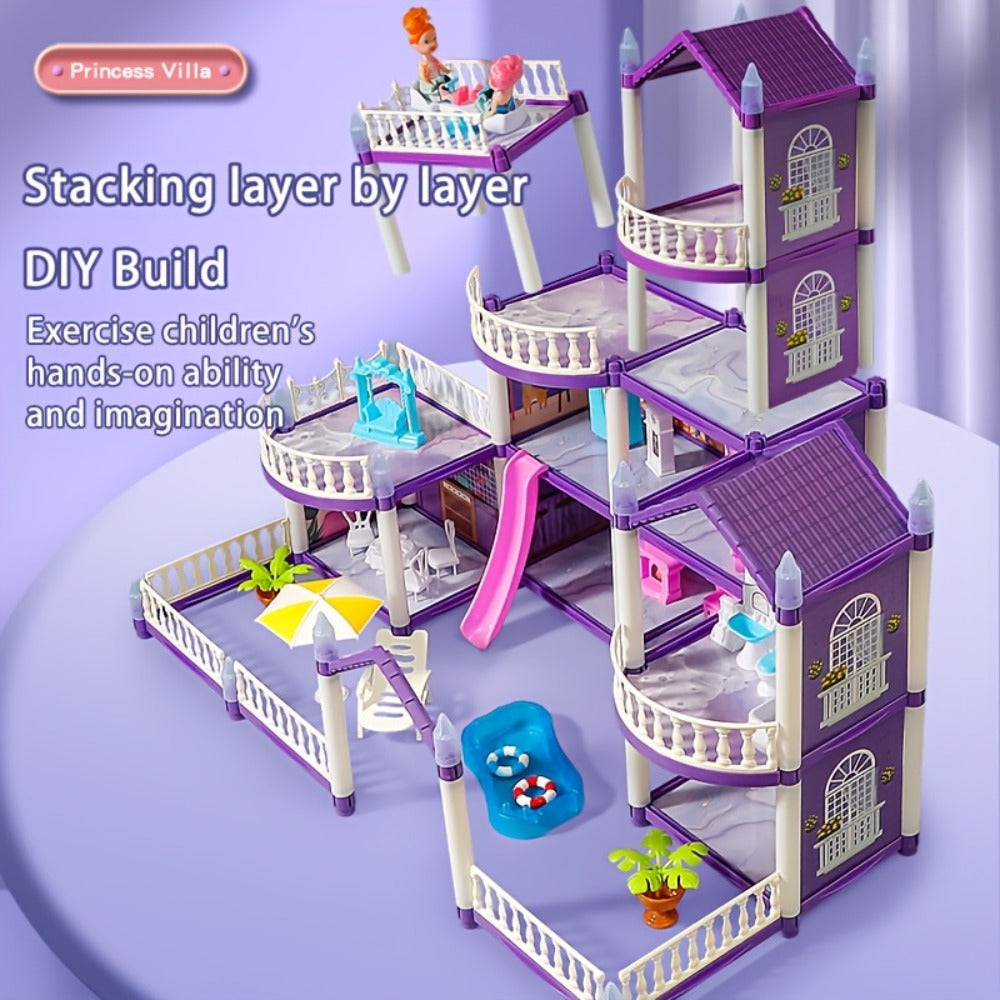 Purple LED Dollhouse Playset with 6 to 16 Room Options and Furniture