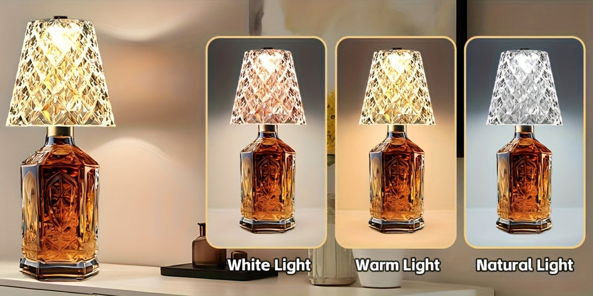 Rechargeable LED Bottle Table Lamp 2 Pack - Crystal Acrylic Wine Bottle Design, 2000mAh Cordless, 3 Color Modes, Ambient Night Light for Bedroom, Dining Table, Bar & Home Decor
