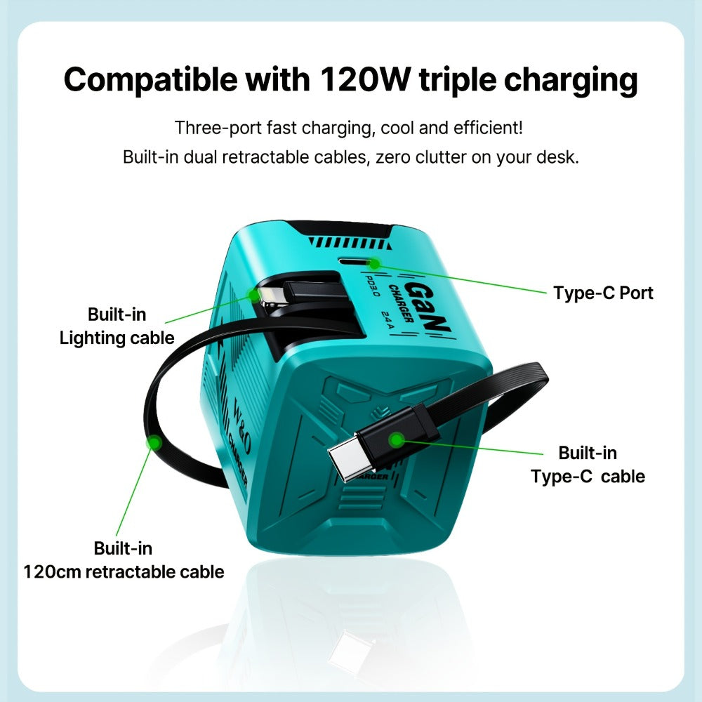 Dual Cable GaN Charger 120W with Built-In 47in Type-C & Lightning Retractable Cables, Foldable Plug – Tangle-Free Fast Charging USB-C Wall Adapter for iPhone 16 15 14 Pro Max, Samsung Galaxy S25 S24