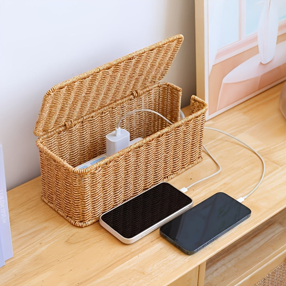 Rattan Cable Management Box with Lid Woven Cord Organizer – Stylish Power Strip Cover Wire Hider for Home Office Living Room Desk Bedroom, Conceals Surge Protectors & Data Cables, Boho Decor Gift