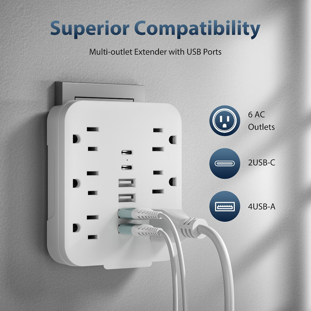 Compact 12-in-1 Mini Power Strip with 6 AC Outlets, 4 USB-A & 2 USB-C Ports – Portable Wall Charger Adapter, Multi-Socket Extension Outlet for Travel, School, Office & Home Use