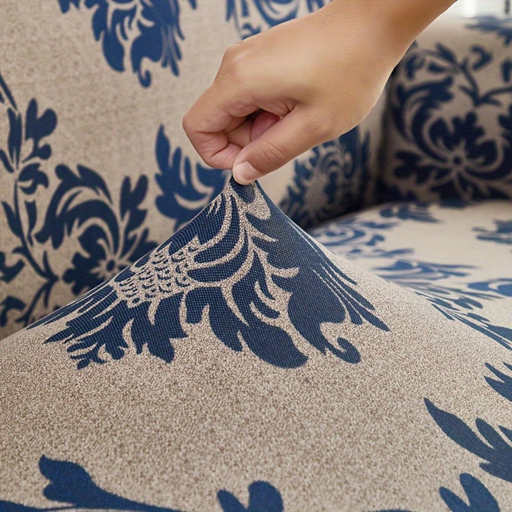 Stretch Sofa Cover Slipcover High-Stretch Fabric Ruffle Skirt Non-Slip Rod All-Season Snug Fit for 1 2 3 4 Seater Couch — Dark Blue with Pillow Cover