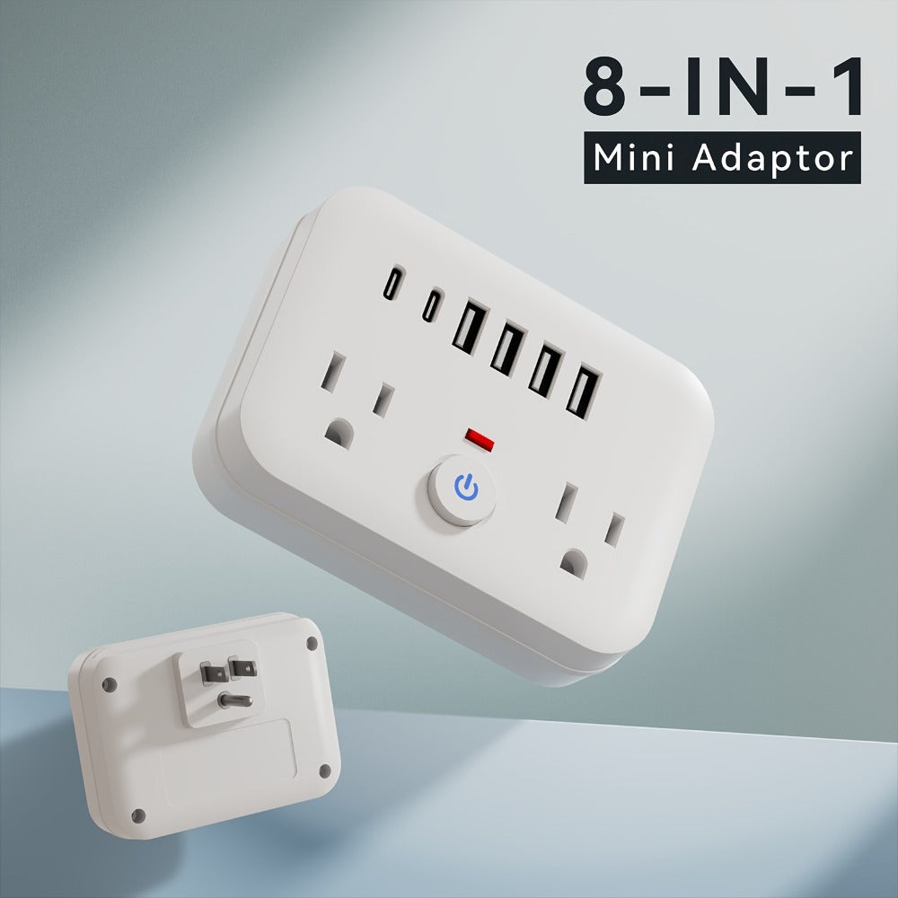 Compact Travel Surge Protector Power Strip 8-in-1 with 2 AC Outlets 4 USB-A Ports 2 USB-C Jacks Overload Protection Wall Mount Mini Portable Charging Station for Home Office Travel – Black or White