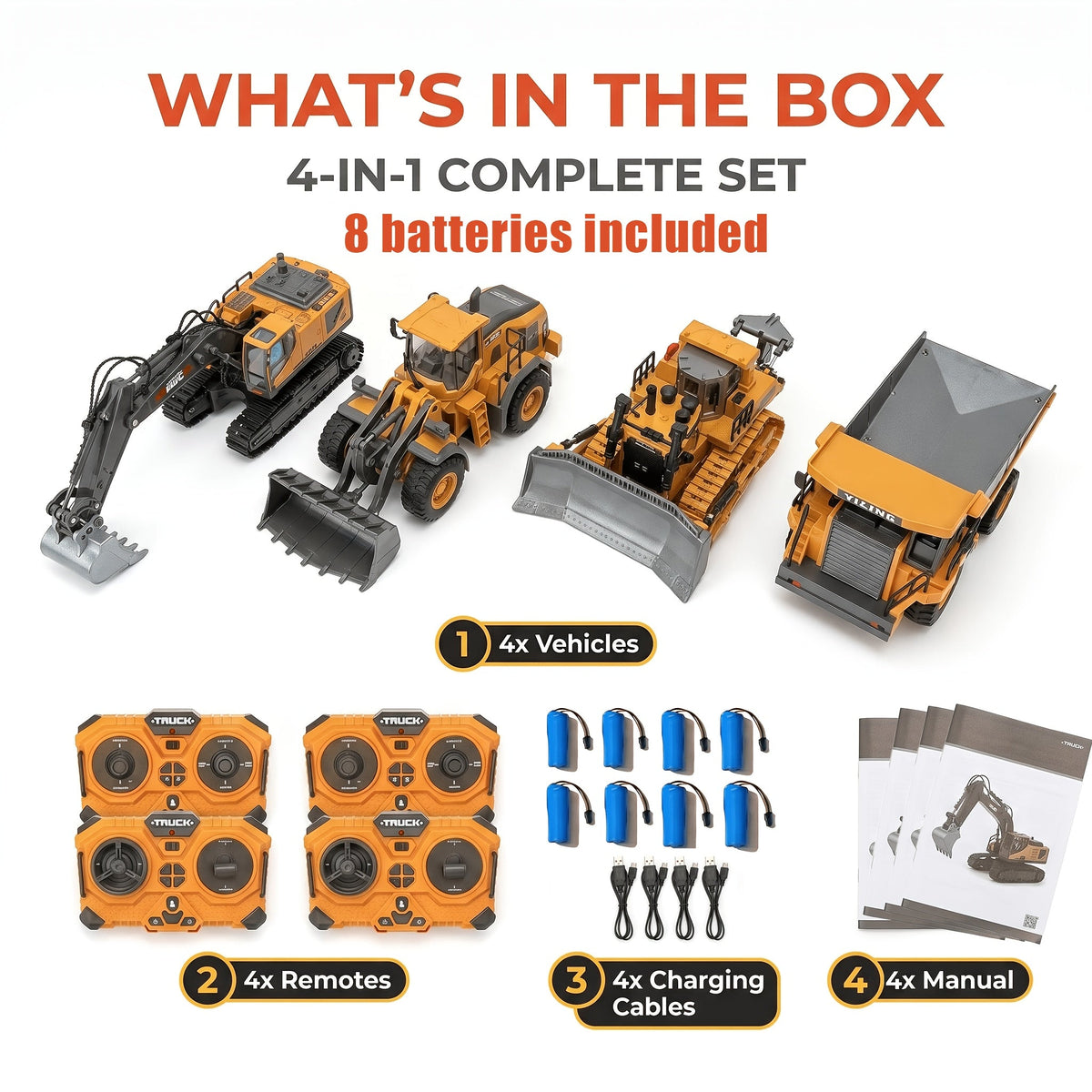 RC Construction Vehicle Set, 11-Channel 2.4GHz 2-in-1 & 4-in-1