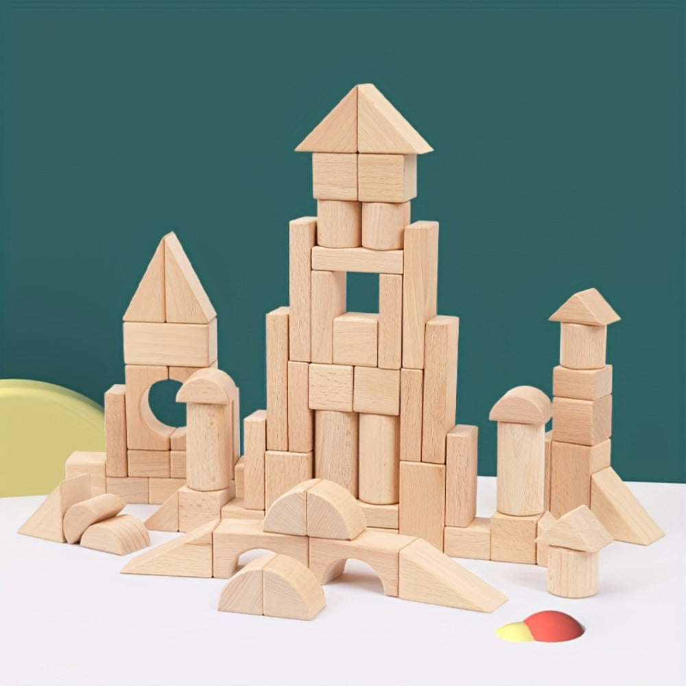 100-Piece Unpainted Beech Wood Building Blocks for Stacking and Sorting