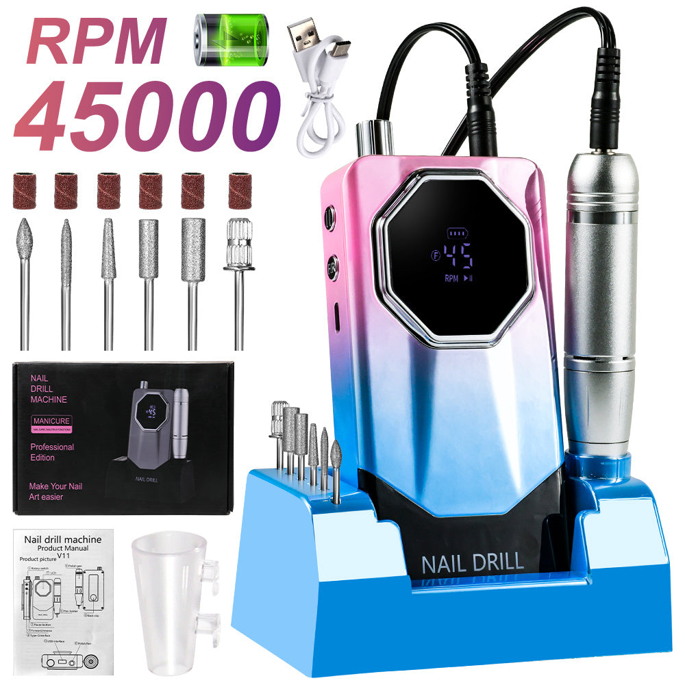 Electric Nail Drill Kit 45000 RPM LCD Display USB Rechargeable Portable E-File Acrylic Gel Removal Polishing Forward Reverse Low Noise Home Salon Manicure Pedicure Gradient Grey White