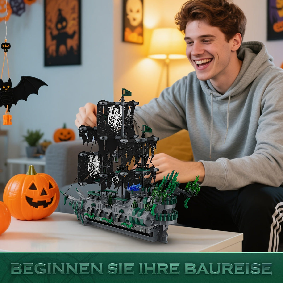 Pirate Ship Building Blocks, Flying Dutchman Ghost Ship Model 40001 with LED Lights