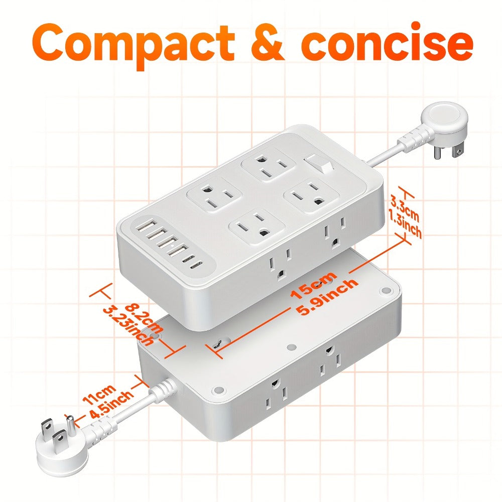 One-Touch Switch Desk Charging Station 14-in-1, 8 Widely Distributed AC Outlets & 6 USB Ports (4 USB-A + 2 USB-C), Surge Protection, Compact Portable Power Strip for Home Office Desktop – Safe & Organized