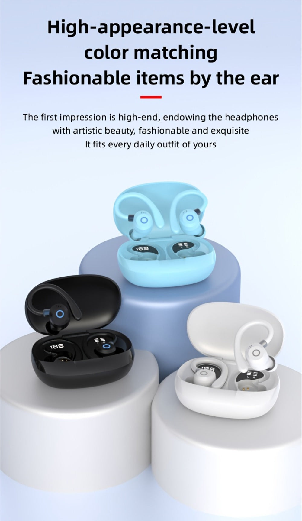 Hi-Fi Stereo Wireless Earbuds LED Digital Display Touch Control Noise Canceling Fast Charging Gaming Sport Headset Lightweight In-Ear Earphones for Commute Gamers iOS Android Black Blue White