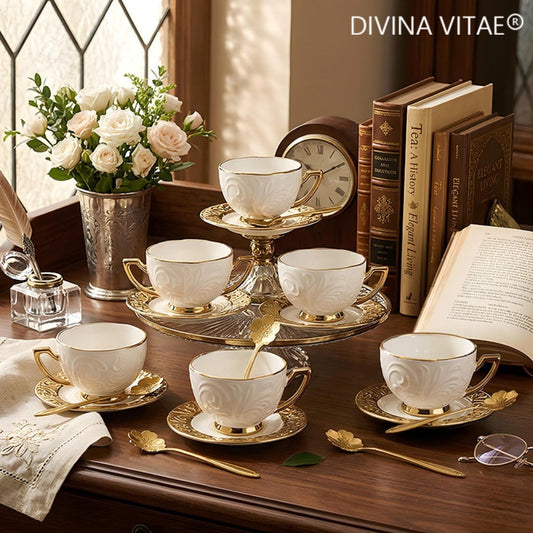 Ceramic Espresso Cups with Trays and Spoons, 7.44 oz Handled Coffee Set