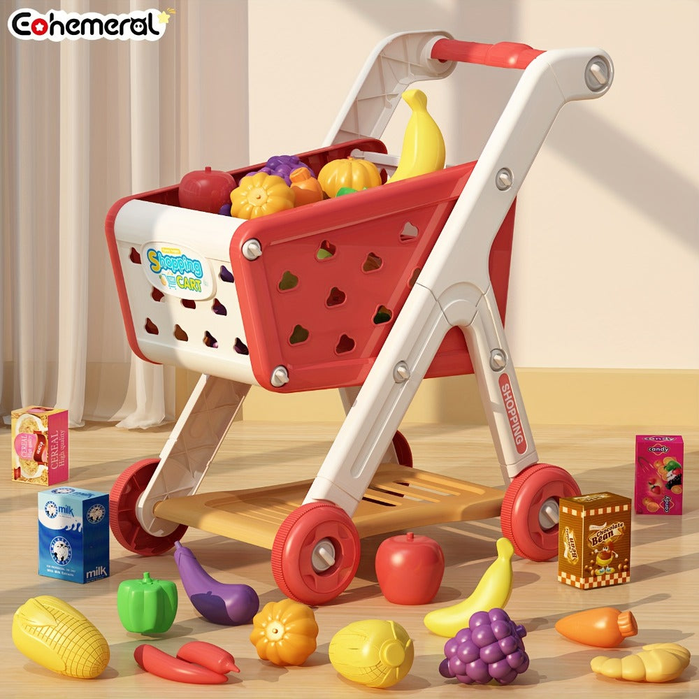 Pretend Play Shopping Cart Set with Toy Food for Grocery Store Role Play