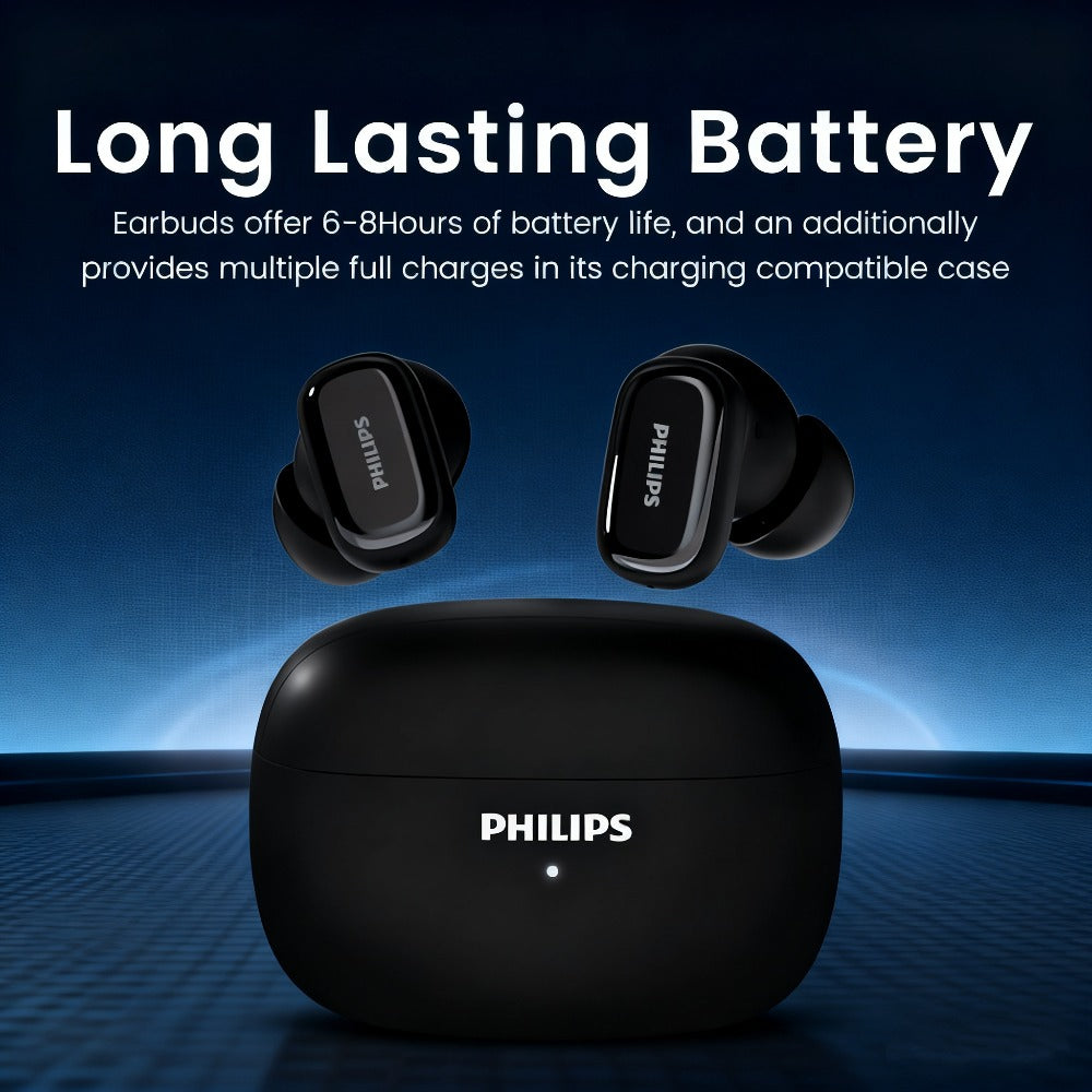 Philips TAT2569 Noise Cancelling Wireless Earbuds Touch Control USB-C Fast Charging 5H Playtime True Wireless Headphones Compatible iOS Android Black Blue White