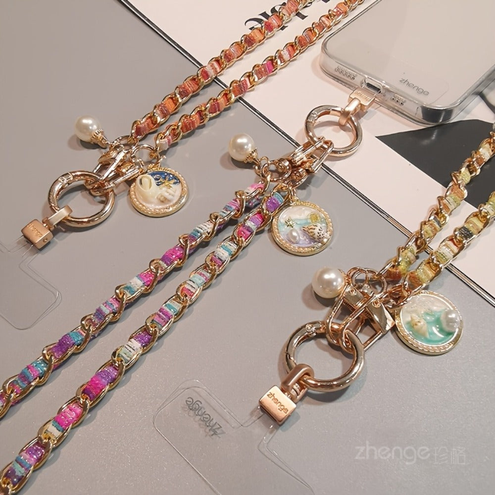 Metal Chain Phone Crossbody Strap Painted Fabric Long Lanyard Fashionable Disc Button Shoulder Phone Strap – Hands-Free for Women Daily Shopping Travel Outdoor Gift