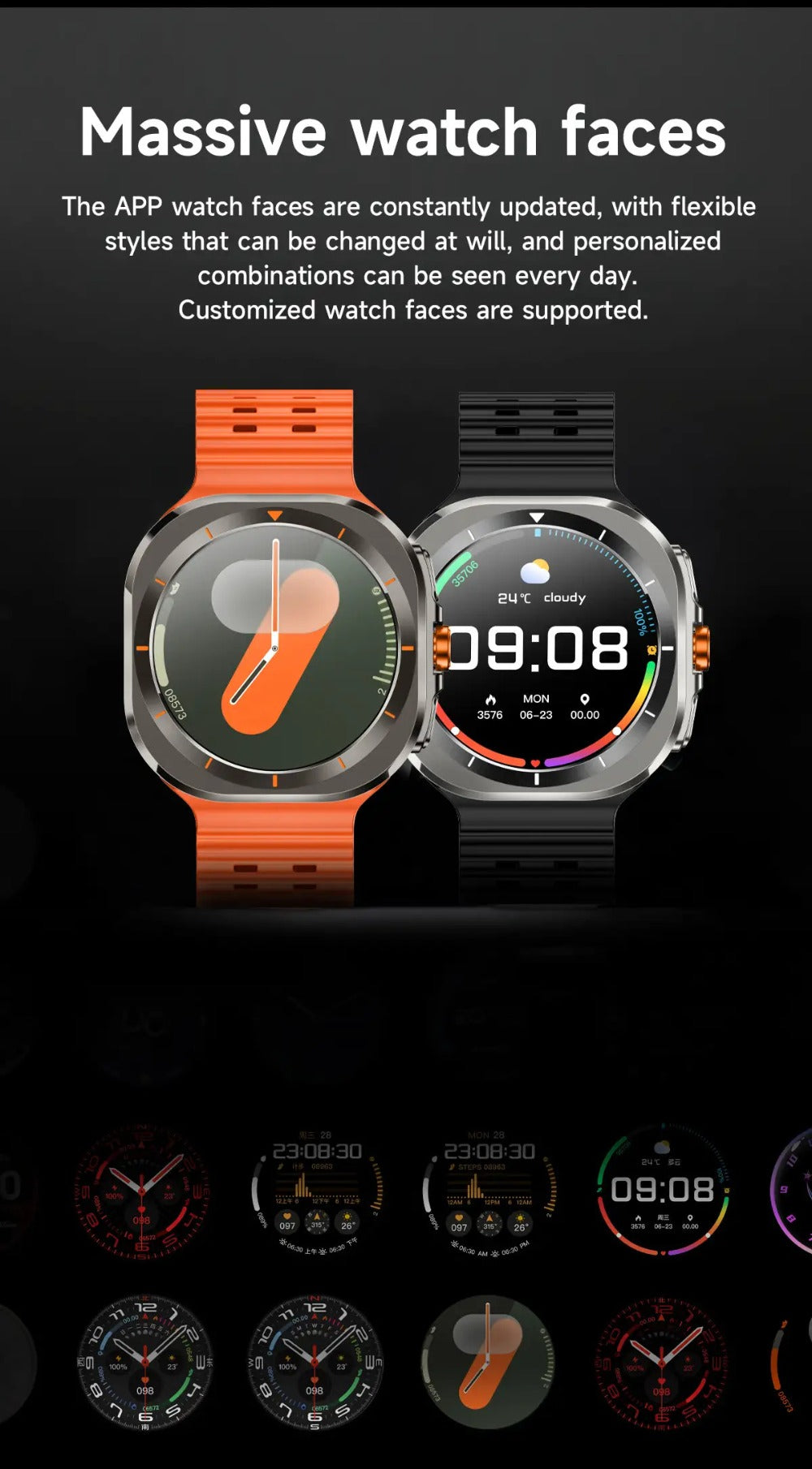 SIM Card Smartwatch Voice Assistant 100 Sport Modes – Big Screen Wireless Calling Fitness Tracker Wireless Charger 2 Straps Customizable Watch Faces Orange Black White Blue Gift