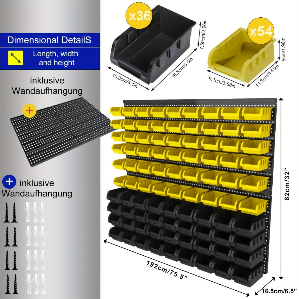 Wall Mounted Storage Bin Rack System – Heavy Duty Small Parts Organizer for Screws, Nuts, Bolts & Nails | Stackable Garage Workshop Tool Storage Rack | 30/60/90 Bins Hardware Organizer