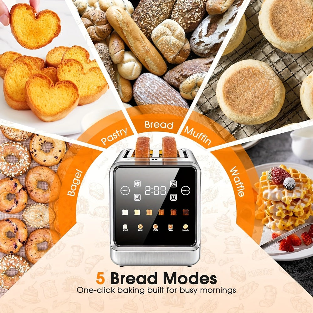 Smart Digital Toaster 2 Slice Touch Screen – Stainless Steel with Memory Function, 5 Bread Types, 6 Shade Settings, 1.5-Inch Wide Slot, 900W Fast Toasting for Home Kitchen