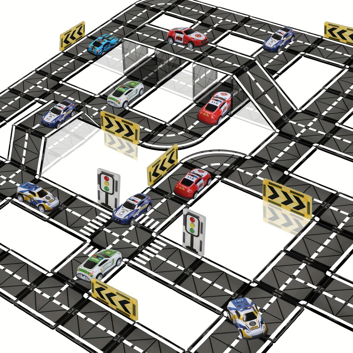 Magnetic Road Track Set 44 Pcs, Flexible Road Builder Tiles with Pull-Back Cars