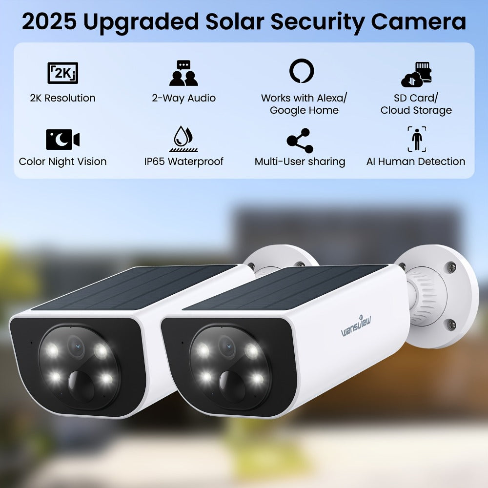 Wansview 2K Solar Outdoor Security Camera, Alexa & Google Home Compatible, Dual Night Vision Color & IR, PIR AI Human Body Detection, IP65 Weatherproof, SD & Cloud Storage – Wire-Free Smart CCTV