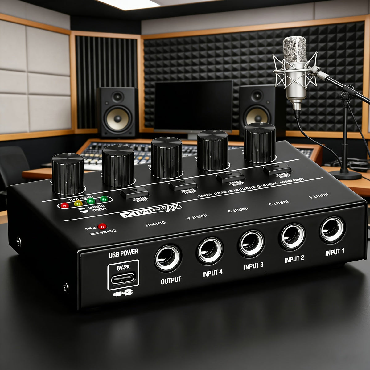 Compact 4/6/8-Channel Stereo Audio Mixer with USB-C Power and Level Controls shown in the 4-channel mixer option