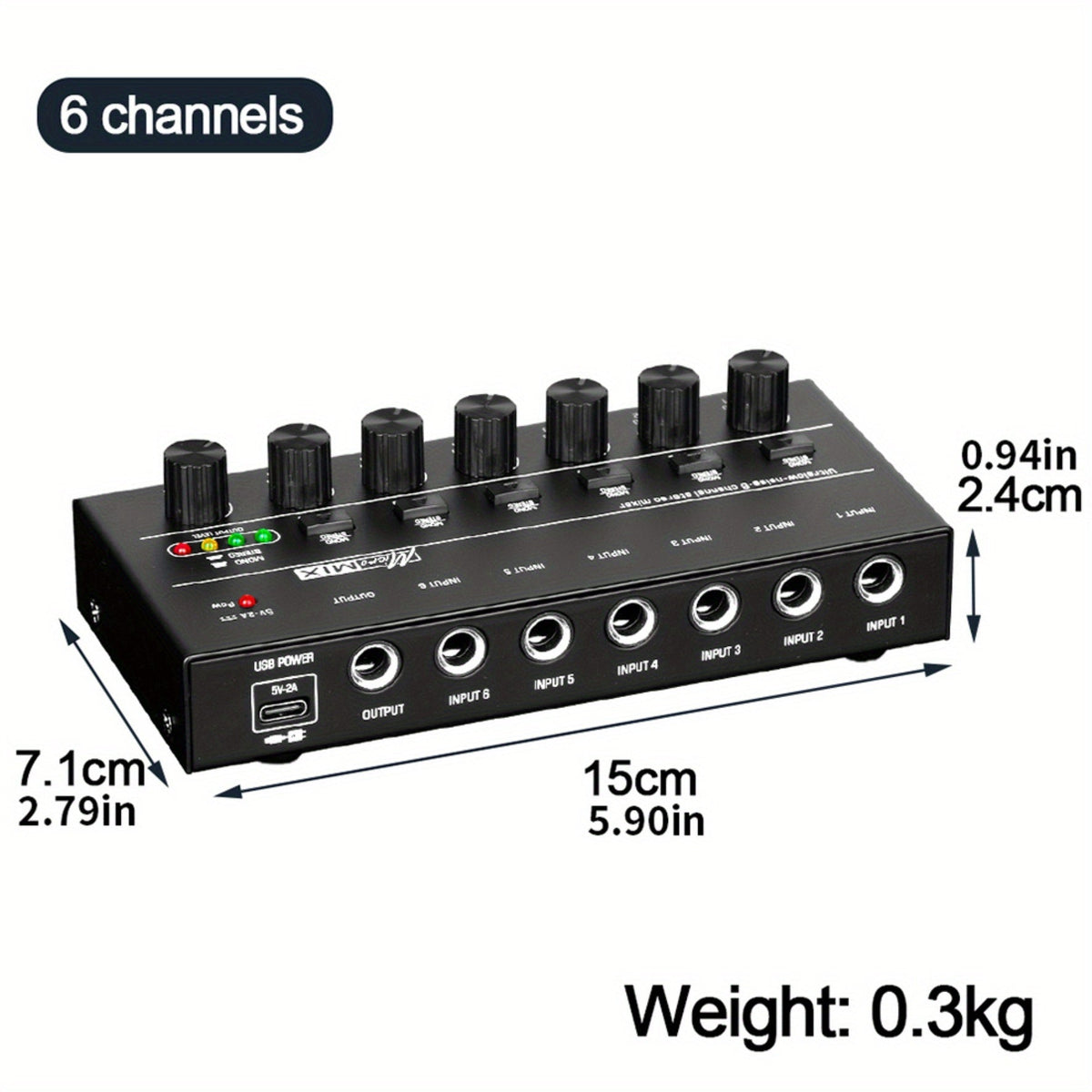 Compact 4/6/8-Channel Stereo Audio Mixer with USB-C Power and Level Controls shown in the 6-Channel option