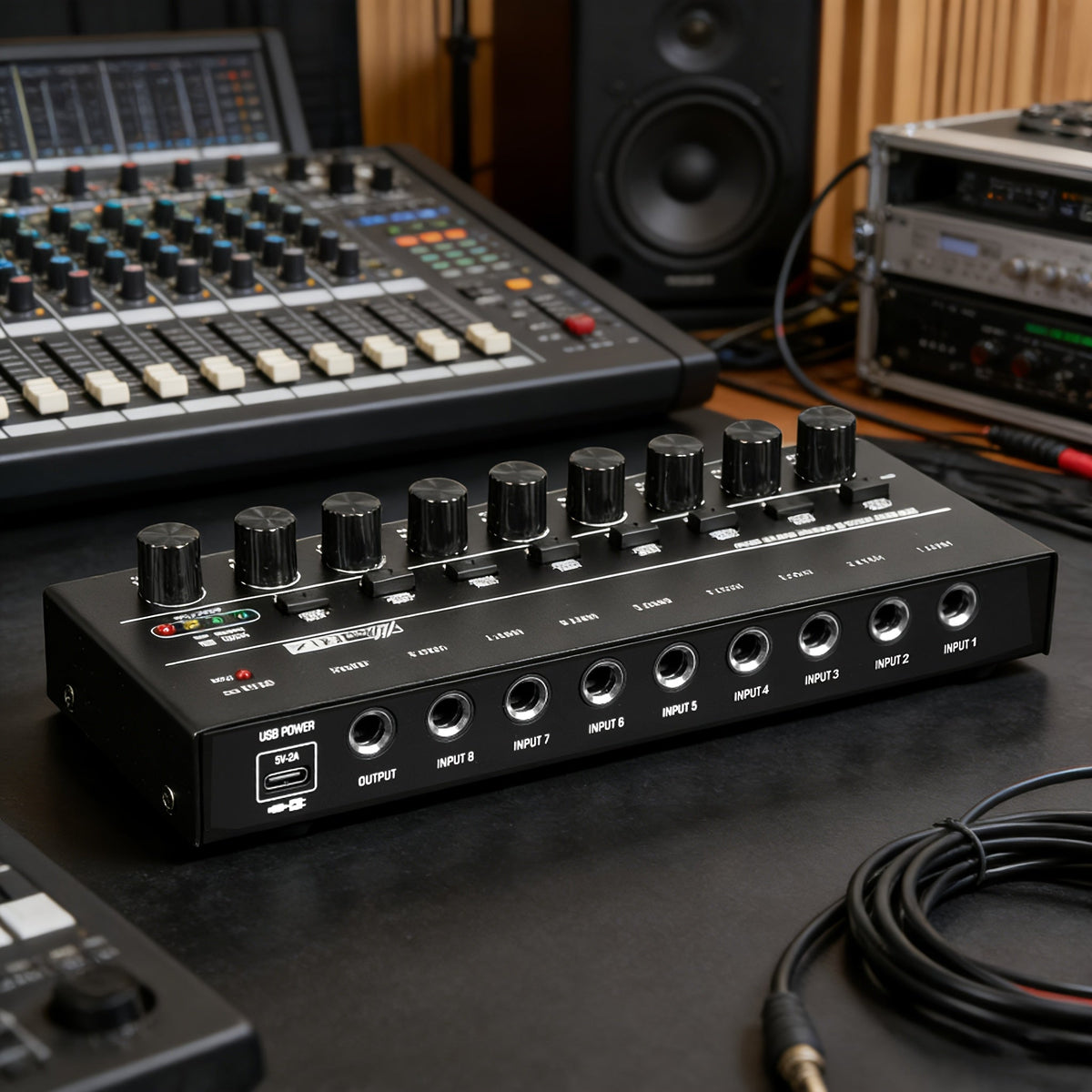 Compact 4/6/8-Channel Stereo Audio Mixer with USB-C Power and Level Controls shown in the 8-channel mixer option