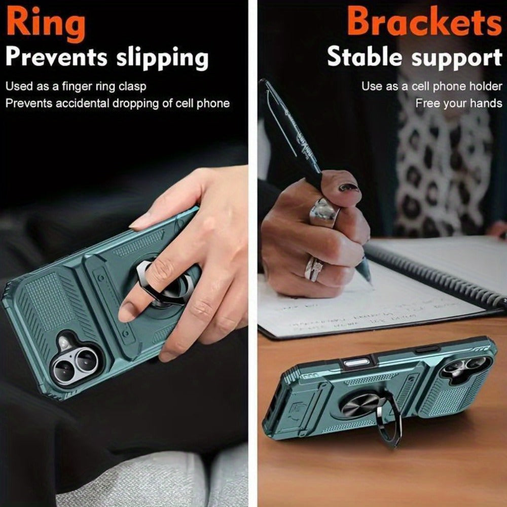 iPhone Card Slot Shockproof Case with Ring Holder & Kickstand – Wallet Phone Cover for iPhone 17 17 Air 17 Pro Max 16 15 14 13 12 11 Pro Max Plus Mini | Heavy Duty Drop Protection