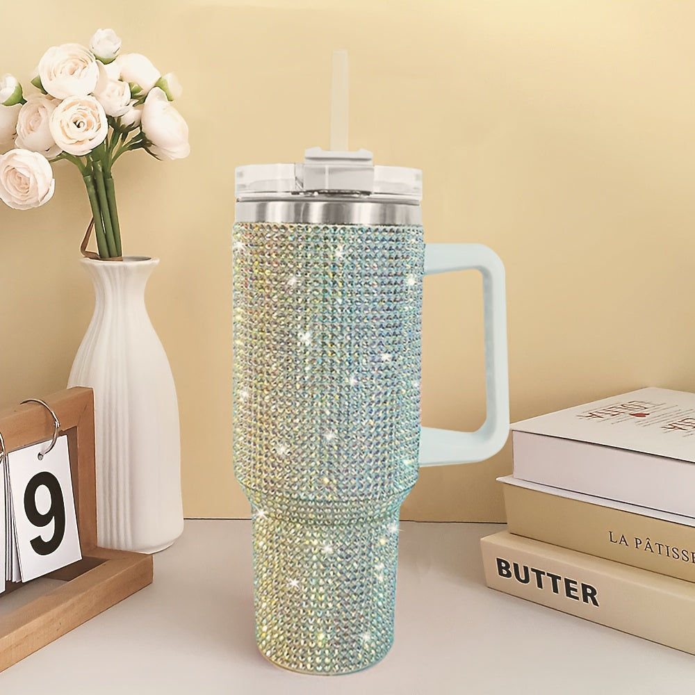 Bling Diamond Tumbler 40 Oz – Studded Rhinestone Stainless Steel Insulated Travel Mug with Handle & Straw Lid – Fits Car Cup Holders – Glamorous Gift for Women – Silver