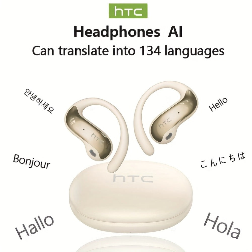 HTC NE19 AI Translation Earbuds TWS 134 Languages, Open-Ear Wireless Bluetooth 5.4 HiFi Audio, Long Battery Life Hands-Free Earphones for Travel Business Sports Casual Daily Use