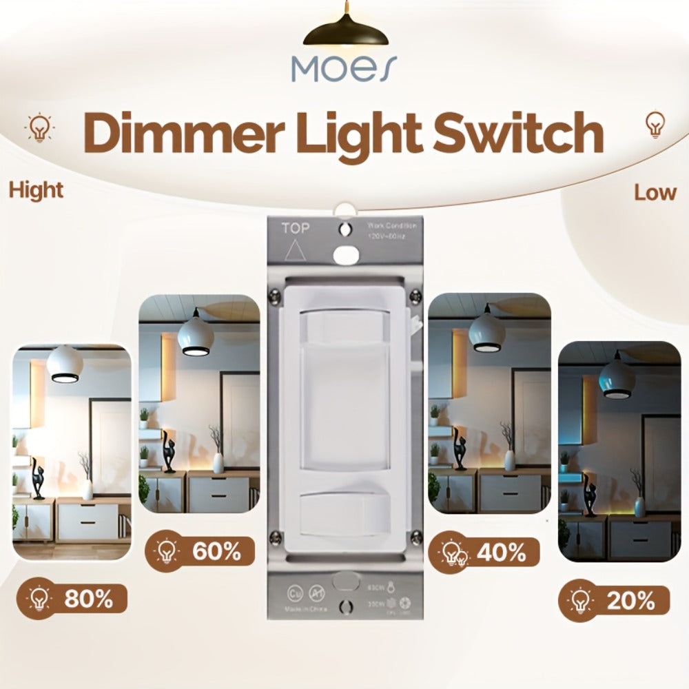 MOES Slide Dimmer Light Switch 3-Way & Single Pole No Neutral Wire – 600W Max, Compatible with LED CFL Incandescent Halogen, On/Off Dimming Control, Bedroom Hallway Living Room, Black & White (2/6-Pack)