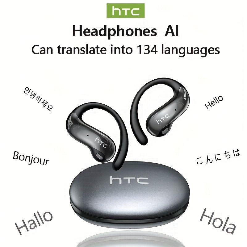 HTC NE19 AI Translation Earbuds TWS 134 Languages, Open-Ear Wireless Bluetooth 5.4 HiFi Audio, Long Battery Life Hands-Free Earphones for Travel Business Sports Casual Daily Use