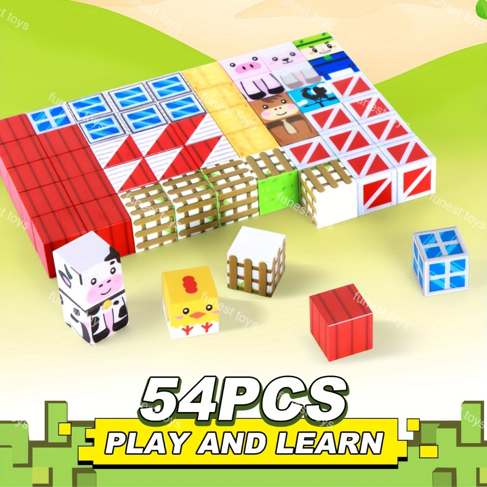 54-Piece Farm Animal Magnetic Block Set with Farmer Theme Play