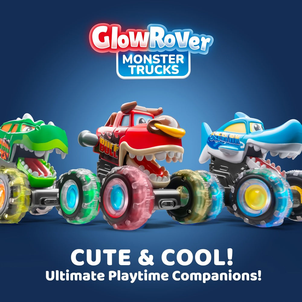 Monster Truck Toy 3-Pack with LED Lights, Press-and-Go Shark, Bull & Dinosaur