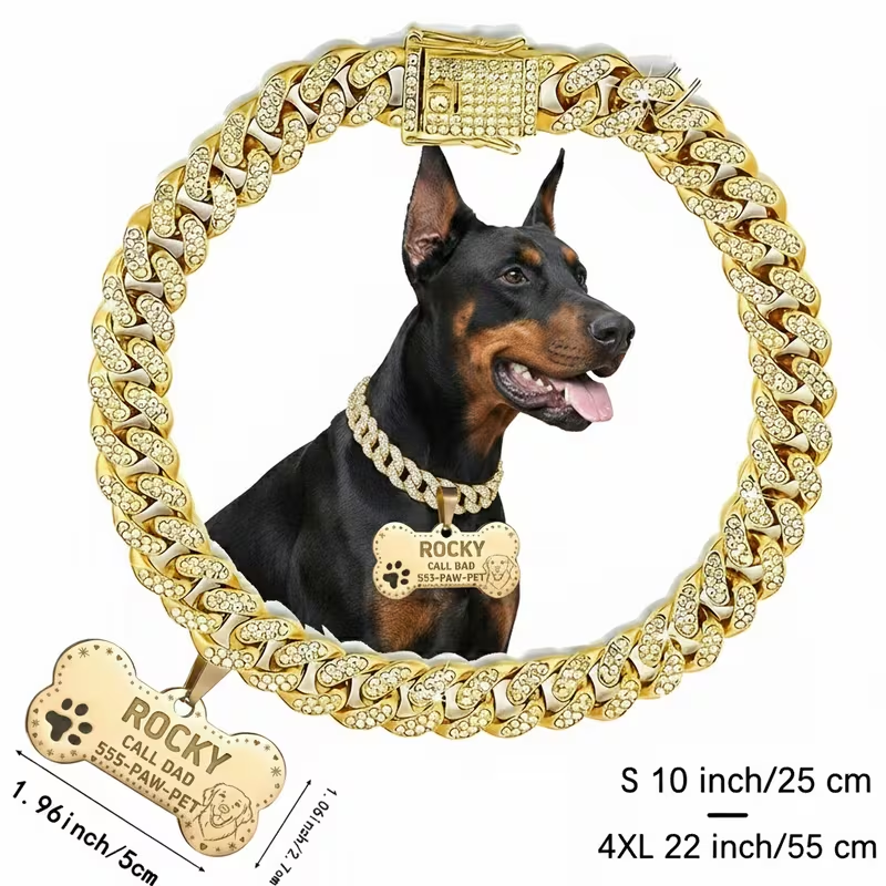 Custom Dog Collar Cuban Chain with Engravable Pet ID Tag – Personalized Name & Phone Number Plate for Small Medium Large Dogs & Cats, Sizes S to 4XL, Golden Silver Rose Gold Gift