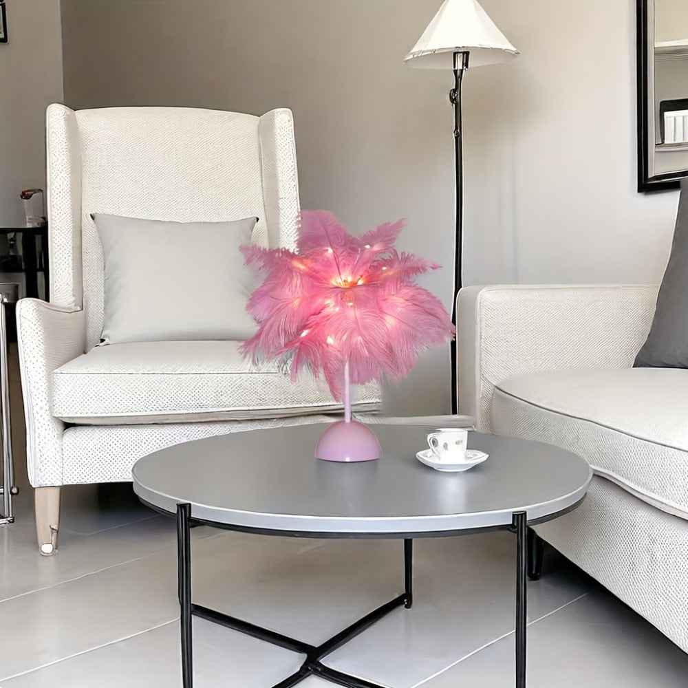 Feather LED Table Lamp – 40-Head Copper Wire Night Light, Romantic Atmosphere Lamp for Bedroom Living Room, Cute Desk Decor Light for Birthday Valentine's Day Gift (White / Pink, 1pc / 2pcs)