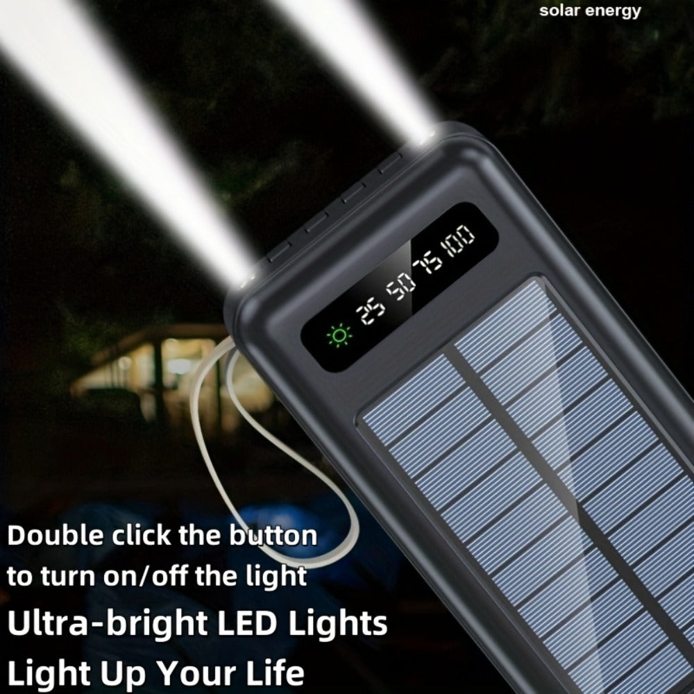 Solar Power Bank with Built-in 4 Cables LED Flashlight 15W Fast Charging Digital Display Dual USB USB-C Portable Charger 10000mAh 20000mAh 30000mAh for iPhone Android Camping Hiking