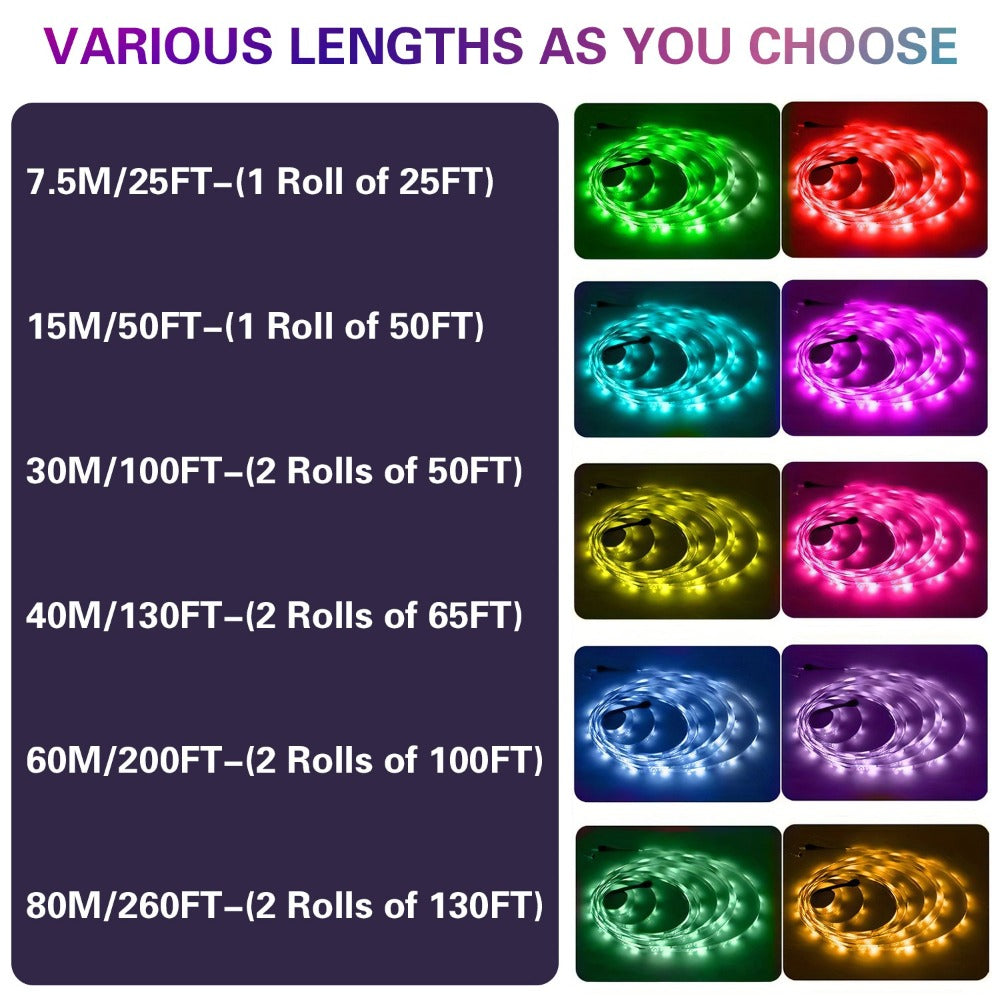 Color Changing LED Strip Lights with 44-Key Remote - RGB Dimmable DIY Light Strip 50FT 100FT 130FT 260FT for Bedroom Living Room Game Room Holiday Party Home Decoration