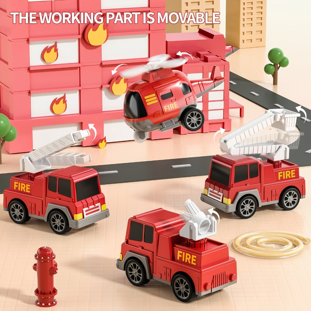 Fire Truck Rescue Playset, 5-in-1 Carrier with Interchangeable Vehicles