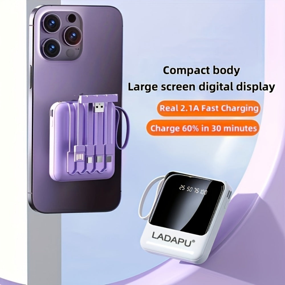 10000mAh Power Bank Built-in 4-in-1 Cable 22.5W Super Fast Charging Slim Mini Portable Charger for iPhone Android Samsung – Compact Travel Battery Pack USB-C Micro Lightning