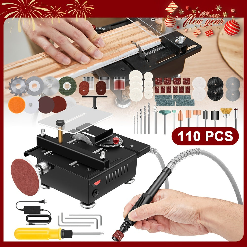Mini Table Saw Multifunctional Desktop Cutting Machine – 100W Motor, 7-Speed Adjustable, 0–90° Angle Cut, 4 Saw Blades Included, Portable DIY Table Saw for Wood, Metal, Plastic, PCB, Acrylic – with Extra Accessories Option