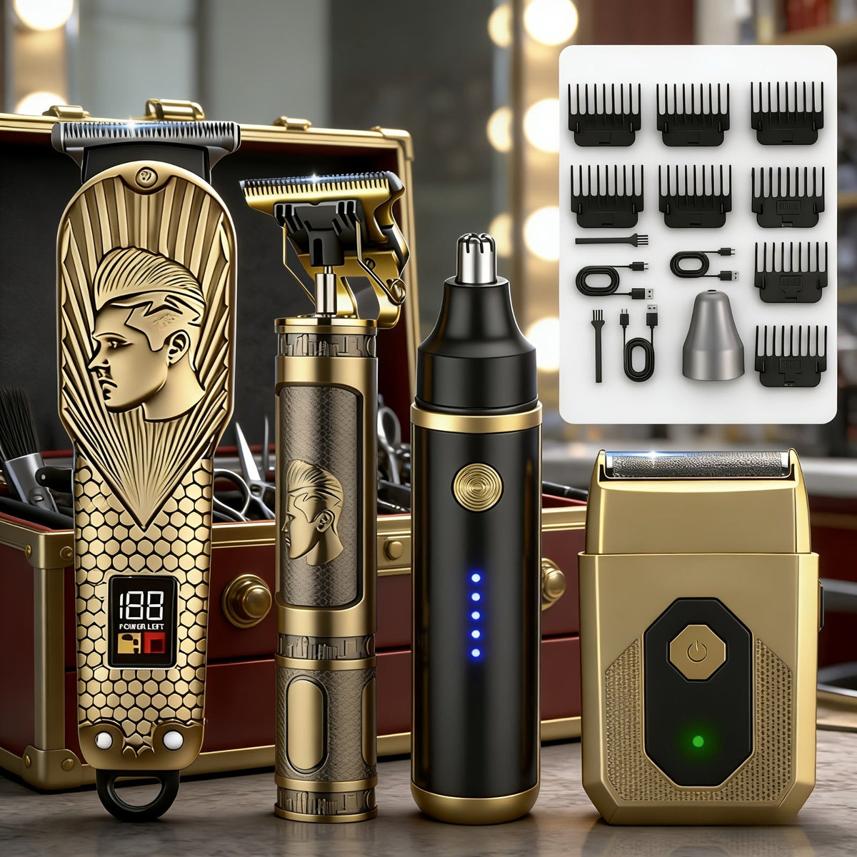 Hair Clipper & Trimmer Set 4-Piece for Men — Professional Barber Kit with Nose Trimmer, Detail Trimmer, Guide Comb, LED Display & USB Rechargeable, Home & Travel Grooming Gift