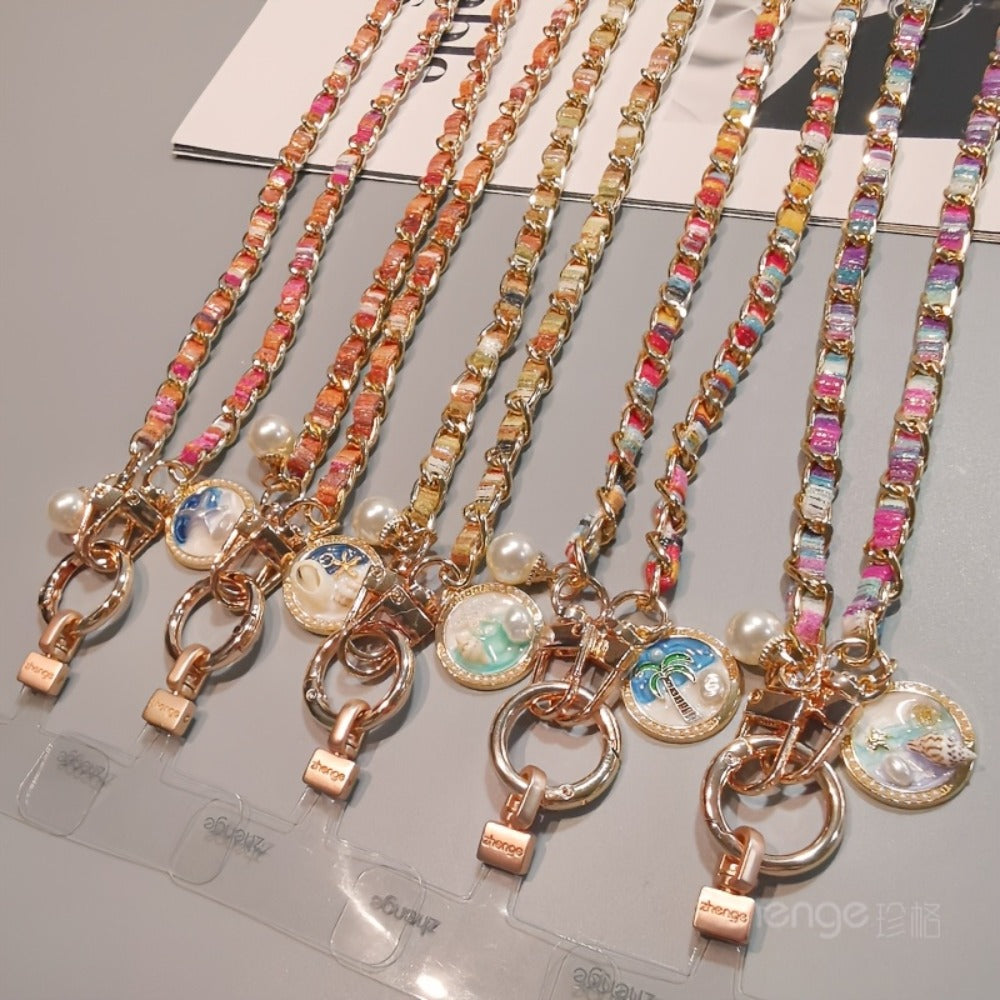 Metal Chain Phone Crossbody Strap Painted Fabric Long Lanyard Fashionable Disc Button Shoulder Phone Strap – Hands-Free for Women Daily Shopping Travel Outdoor Gift
