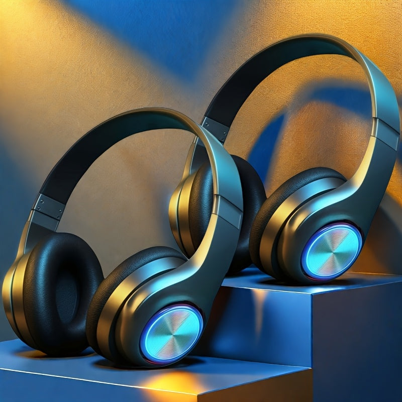 LED Light Over-Ear Wireless Headphones Deep Bass Subwoofer, Active Noise Cancelling Foldable Headset Bluetooth 5.3, Wired & Wireless Dual Mode AUX, USB Rechargeable for Gaming Music Sports